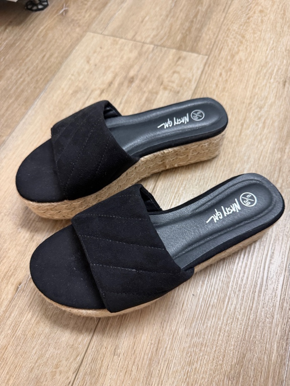 Nasty Gal Black Espadrille Platform Slide Sandals with Natural Woven Sole